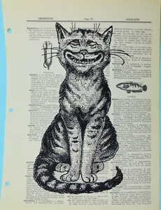 Alice Wonderland CHESHIRE CAT image on vintage dictionary page - Picture 1 of 1