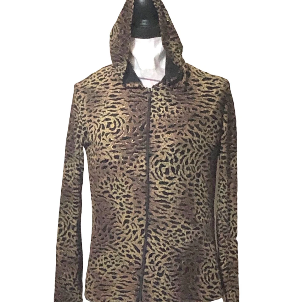Dressbarn Sudadera con Capucha Marrón Dorado Estampado Animal Cremallera Completa Leopardo Chaqueta Mujer Talla M Foto 1 de 4