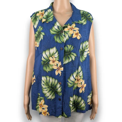 Aloha Hut HAWAII 3X Azul AMARILLO Estampado Floral Botón Abajo Sin Mangas Plus Top Foto 1 de 4