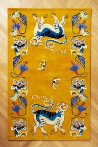 Vintage Tufted Wool Silk Rug Yellow Floral Tiger Snake Design Handmade Rugs 8x10 - Picture 1 of 4