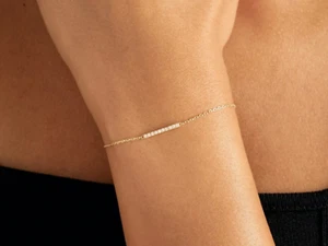 14K Gold Diamond Bar Bracelet Solid Gold Bracelet For Women Diamond Jewelry Gift - Picture 1 of 12