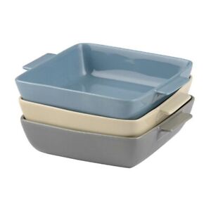 Set of 3 Ceramic 0.8 Litre Handled Square Oven to Table Baking Roasting Dishes