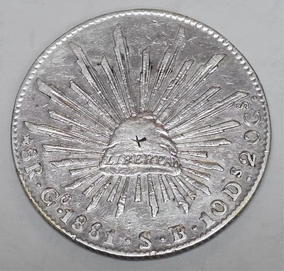 1881 Go SB Mexico 8 Reales Silver Coin Cap & Rays w/ Chopmarks - Image 1 of 2
