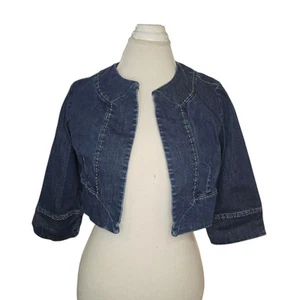 Y2K Womens Blue Jean Cropped Bolero Jean Jacket Sz 8 Stretch Open Front Retro - Picture 1 of 9