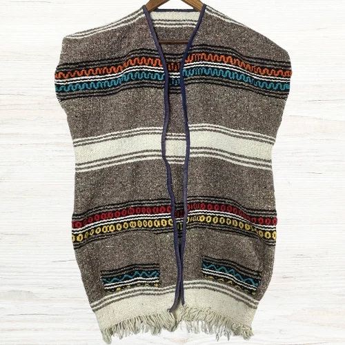 Мексиканский тканый серапе одеяло жилет M/L гобелен бахрома пончо богемное - Изображение 1 из 4