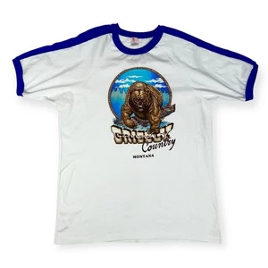 VTG 1970s GRIZZLY BEAR COUNTRY RINGER T-SHIRT WESTERN TRUCKER GORPCORE HIPPIE L - Picture 1 of 12