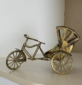 Vintage Golden Brass Rickshaw Oriental Tricycle Toy Sculpture / Figurine 9”x5.5” - Picture 1 of 10