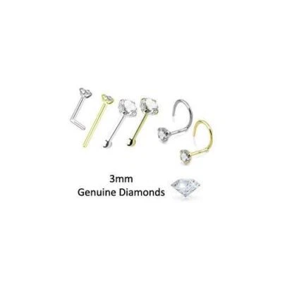 3mm Genuine Real Diamond Nose Ring Stud L Bend Screw Yellow Gold White Gold - Image 1 of 2