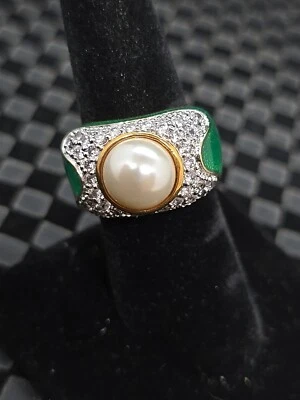 时尚镀金戒指 带白色珍珠和绿色珐琅口音 礼物 尺寸 7 — 第 1/4 张图片