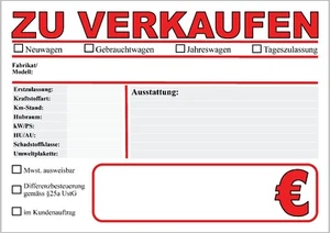 10 100 200 300 AUTO PKW KFZ-Verkaufsschilder Preisschilder Fahrzeug A4  2 Seiten - Bild 1 von 2