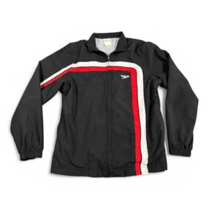 Vintage Speedo Jacket Adult SMALL Black Windbreaker Red White Stripes Retro Y2K - Picture 1 of 8