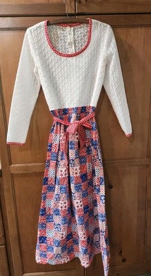 Vintage 60's John Meyer Red White Blue Eyelet & Lace Floral Patchwork Maxi Dress - Image 1 of 4