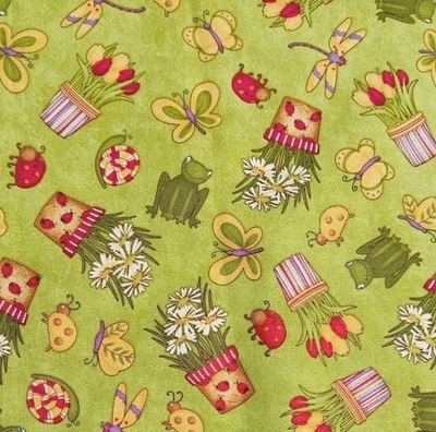 Debbie Mumm Cotton Fabric Remnant Frog Spring Potted Flowers Green 41x64" - Image 1 of 4