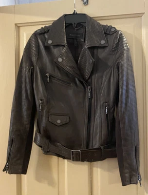 BCBG Maxazria Leather Jacket Womens S Mushroom Brown Quilt Details Zip - Image 1 of 4