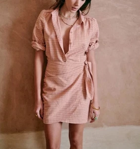 Sezane Jamy Leinen Karo Faux Wickelrock Hemd Kleid Gr:40 (M) PfirsichKaro Leinen - Bild 1 von 17