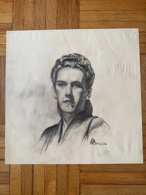 Vintage Late 1940's Young Woman Portrait Charcoal Drawing George Malick OOAK - Image 1 of 4