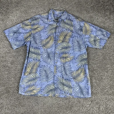 竹制 Cay 衬衫男式中号蓝色热带棕榈叶印花 Aloha 露营纽扣 — 第 1/4 张图片