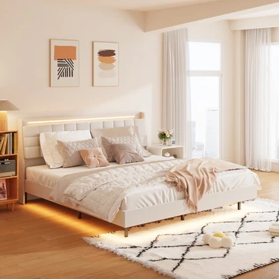 King Floating Bed Frame with LED Light and Charging Station Upholstered Platfor - Image 1 of 4
