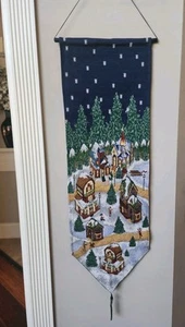 Holiday Christmas Tapestry Wall Hanging Tassel 39X13 Winter Village Vintage  - Picture 1 of 7