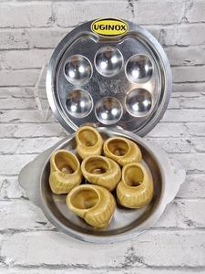 Vintage Set of 6 Brown French Ceramic Pottery Escargot (Snail) Shells 2 SS Plate - Picture 1 of 14