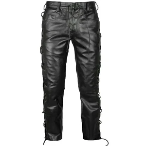Men's Black Genuine Leather Biker's Pants - Side and Front Laces Up Jean Trouser - Picture 1 of 5