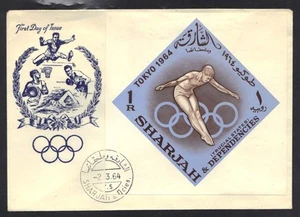 UAE-SHARJAH 1964 OLYMPICS SOUVENIR SHEET ON FDC WITH CACHET - Picture 1 of 1