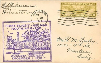 1932 FIRST FLIGHT ROUTE AM 19 AUGUSTA GEORGIA, AIRMAIL C17, 8c. XF STAMP - Image 1 of 2