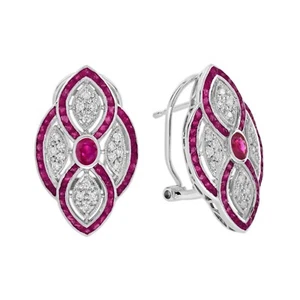 18K White Gold Ruby and Diamond Art Deco Style Lever Back Earring - Picture 1 of 10
