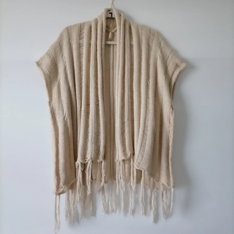 Cárdigan suéter Elan para mujer crema manga corta borlas frente abierto talla única Foto 1 de 4