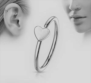 Anello Naso Cuore Acciaio Inox Argento Cerchio 8mm Calibro 20 - Foto 1 di 4