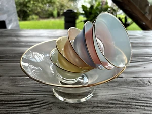 Vintage Blendo Salad Bowl Set | Pastel Frosted Glass w/ Gold Rim | 1950s MCM - Picture 1 of 19