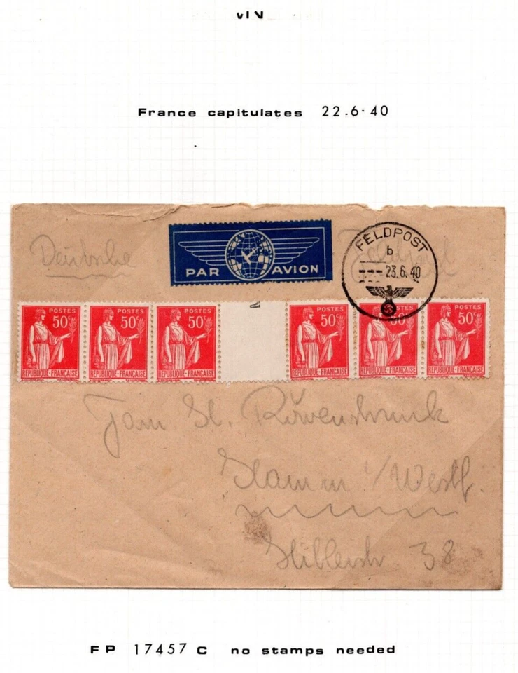 FRANCE GERMANY 1940 WWII FRANCE CAPITULATES 22.6.40 WITH NAZI CANCEL TYING 50C - Image 1 of 1