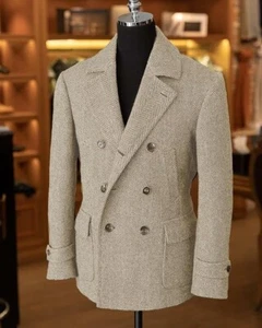 Men Beige Wool Herringbone Tweed Blazer Peacoat Outwear Jacket Coat Fall Winter - Picture 1 of 11
