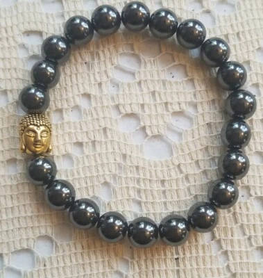 Super Charged Hematite 8mm Bead Stretchy Bracelet & Gold Buddha Head, Reiki! - Image 1 of 4