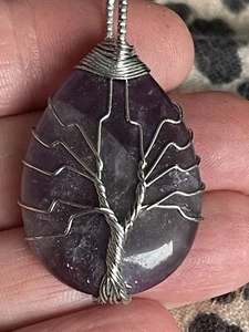 Amethyst Tear Drop pendant with silver tone wire spiritual Beautiful Tree Design - Picture 1 of 6