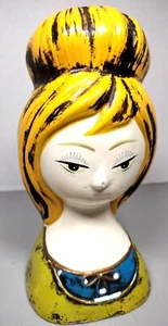 Vintage Paper Mache Girl Lady Bust Head Coin Bank Blonde Beehive Hair Figurine - Picture 1 of 12