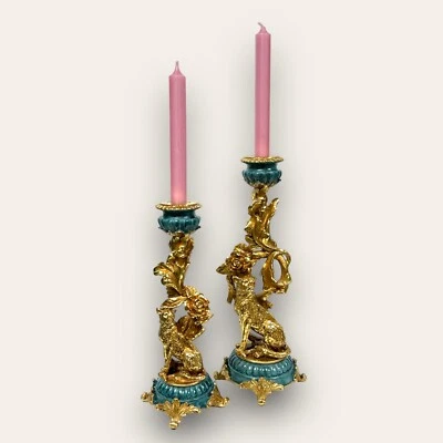 Classy Candle Holder Candlestick Leopard On Socket 28cm Od. 34cm Gold Petrol - Image 1 of 2