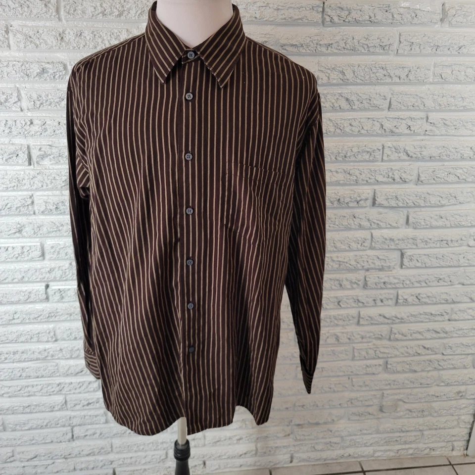 Haggar Mens Shirt XXL Long Sleeve No Iron Brown Tan Stripe Lightweight Collar - Image 1 of 4