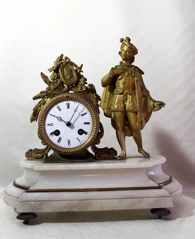 ANTIQUE 1860 FRENCH CLOCK STATUE ROMANTIC with alabaster base Cover