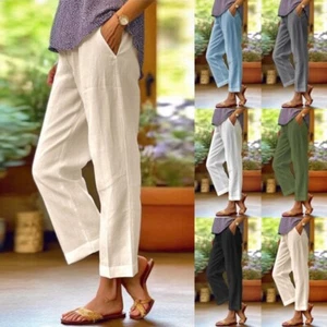 Women Summer Beach Cotton Linen Pants Ladies Casual Loose Elastic Waist Trousers - Picture 1 of 36