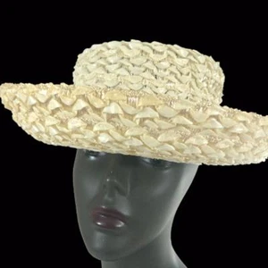 Womens Vtg Designer John Frederics Charmer Woven Ivory Straw Boater Breton Hat - Picture 1 of 9