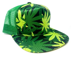 MARIJUANA WEED LEAF CANNABIS PRINT GREEN MESH TRUCKER FLAT BILL SNAPBACK HAT CAP - Picture 1 of 3