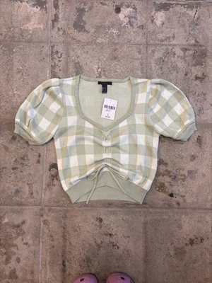 Suéter Gingham manga folhada mistura de algodão tamanho grande Forever 21 novo com etiquetas - Imagem 1 de 4