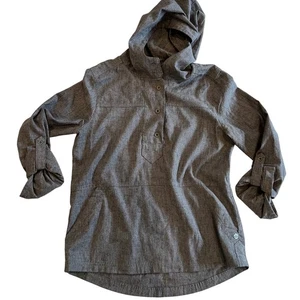 Prana Gray Button Hooded Shirt Tunic Top Women's Size S Roll Tab Sleeves - Picture 1 of 9