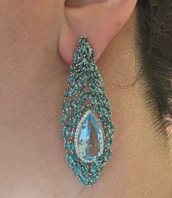 Aquamarine, Emerald and Diamond Peacock Earrings in 18k White Gold - HM2719BE - Image 1 of 4
