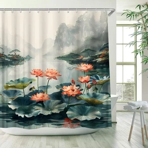 WUASDCS Lotus Shower Curtain Asia Floral Elegant Flowers Green Leaves Mountai... - Picture 1 of 7