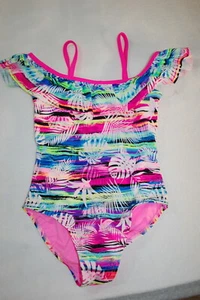 Girls 1 PC Swimsuit NEON STRIPE Ruffle OFF SHOULDER LOOK Tropical Plants S 6-6X - Picture 1 of 2