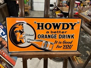 Howdy orange Getränk geprägtes Soda-Schild 23 1/2"" x 11 1/2"" LEBENDIGE FARBEN - Bild 1 von 7