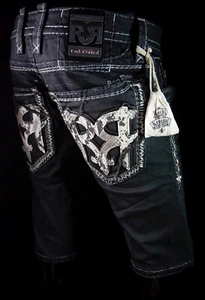 $220 Mens Rock Revival Jean "King Cobra" Charcoal Leather Inserts Shorts 32 - Picture 1 of 14