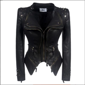 New Women Rock Punk Rivet Studded Moto PU Leather Slim Jacket Coat Blazer - Picture 1 of 13